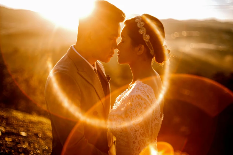 a man and a woman standing next to each other, by Matt Cavotta, pexels contest winner, romanticism, sunflare, cindy avelino, wedding photo, youtube thumbnail