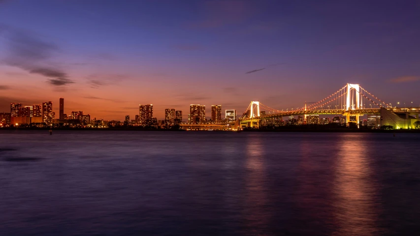 a large body of water with a bridge in the background, by Hiroshi Honda, pexels contest winner, sōsaku hanga, twilight skyline, panorama, fan favorite, shot with sony alpha 1 camera