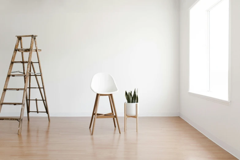 a white chair sitting on top of a hard wood floor, pexels contest winner, minimalism, tall plants, empty white room, background image, stools
