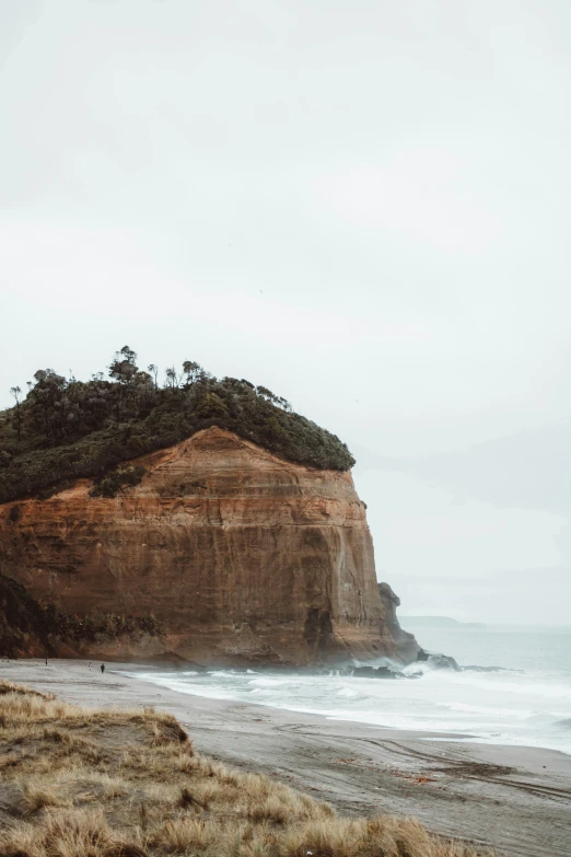 a man standing on top of a sandy beach next to the ocean, unsplash, trees and cliffs, te pae, high cliff, slightly pixelated