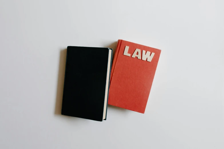 two books sitting next to each other on a table, an album cover, unsplash, law - alligned, black and red only, holding notebook, on a pale background