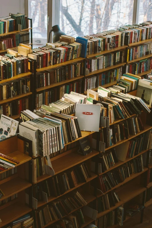 a bookshelf filled with lots of books next to a window, an album cover, trending on unsplash, wide high angle view, the store, stacks of books, digging