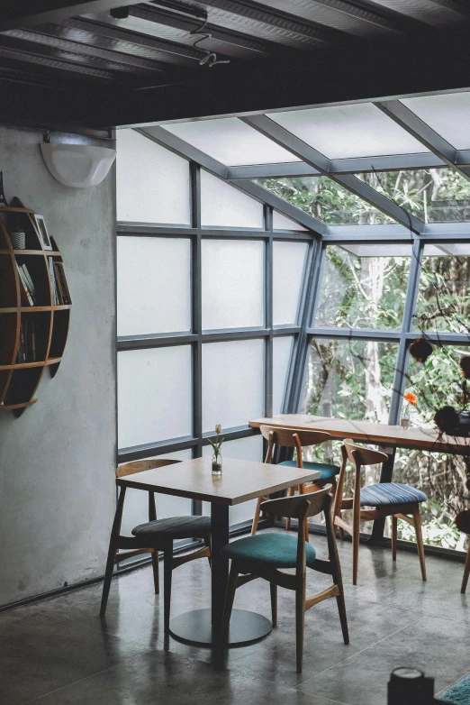 a room that has a table and chairs in it, by Alejandro Obregón, unsplash, modernism, cloud forest, behind bar deck with bear mugs, skylight open ceiling, bird view