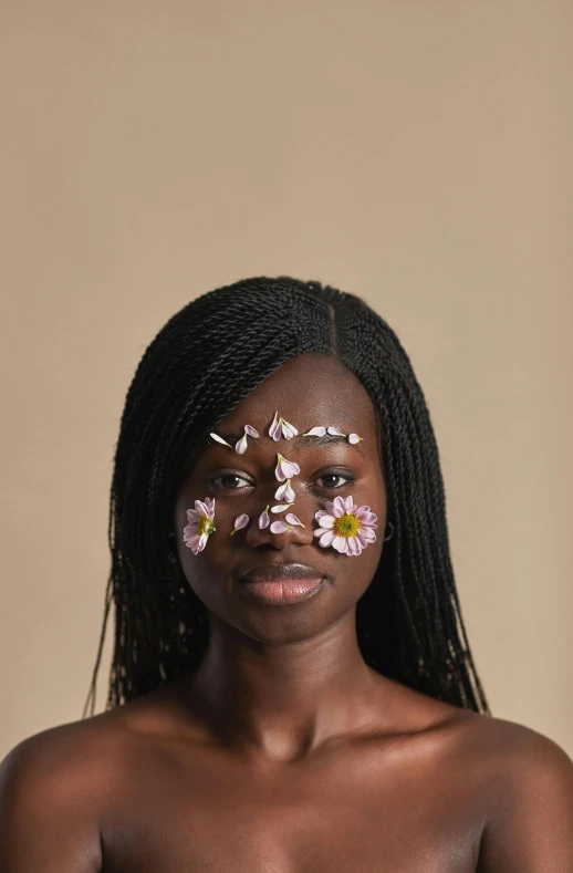 a woman with flowers on her face, an album cover, by Lily Delissa Joseph, trending on pexels, black teenage girl, paul barson, nadav kander, ( ( brown skin ) )