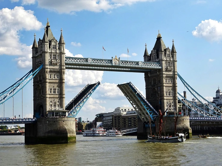 a boat that is going under a bridge, inspired by Thomas Struth, pexels contest winner, renaissance, tower bridge, thumbnail, two giant towers, slide show