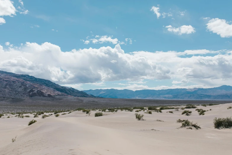 a view of a desert with mountains in the distance, white sand, fan favorite, profile image, sand banks