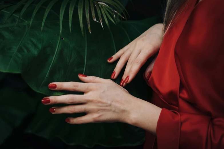 a woman in a red dress holding a green leaf, inspired by Elsa Bleda, pexels contest winner, mannerism, neat nails, lush jungle, wearing a velvet robe, dark. no text