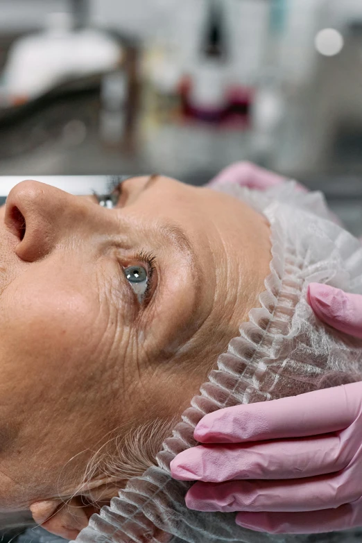 a woman getting her hair done in a salon, made of lab tissue, eye implants, ultradetail face, uploaded