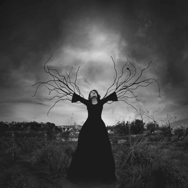 a woman in a long black dress standing in a field, a black and white photo, inspired by Brooke Shaden, pexels contest winner, conceptual art, with branches reaching the sky, with hellish devil wings, metal album cover art, posed