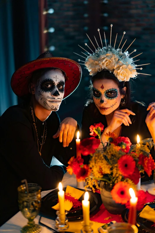 a couple of people that are sitting at a table, pexels contest winner, vanitas, la catrina, headshot, seasonal, trending