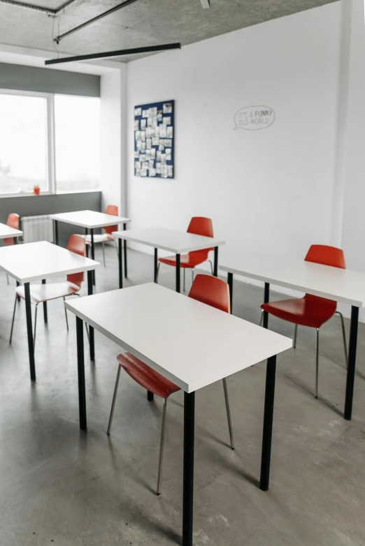 a classroom with white tables and red chairs, unsplash, danube school, thumbnail, studio la cachette, background image, splash image