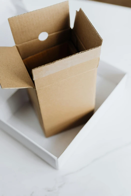 a box sitting on top of a white plate, unsplash, private press, sustainable materials, cardboard tunnels, high quality photo, large tall