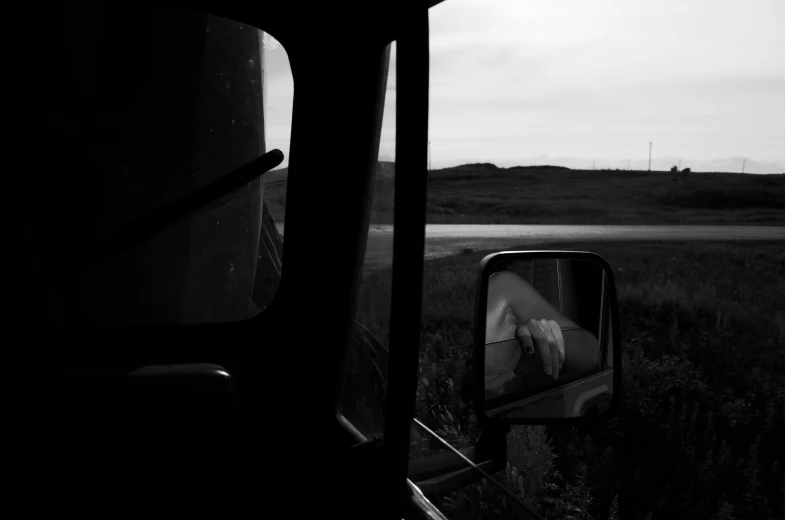 a black and white photo of a horse in a rear view mirror, by Daniel Seghers, award-winnig photo, rural dystopian, view from a news truck, summer evening