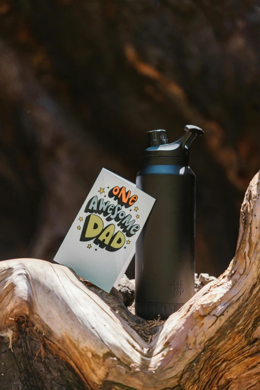 a black water bottle sitting on top of a tree trunk, dad, a still of a happy, matte black paper, & a dark