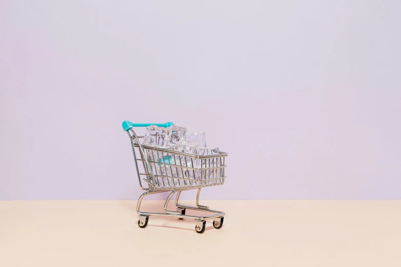 a shopping cart filled with bottles of water, an album cover, pexels contest winner, minimalist environment, background image, silver small small small glasses, toys