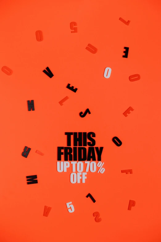 this friday up to 70 % off, by Anna Findlay, trending on unsplash, dada, julian opie, orange extremely coherent, promotional material, 2070