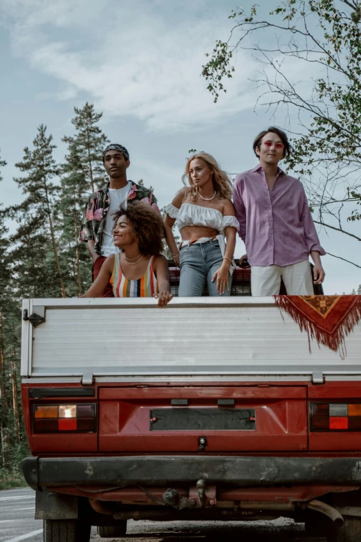 a group of people riding in the back of a truck, an album cover, pexels contest winner, renaissance, near forest, diverse outfits, ukrainian, summer vibe