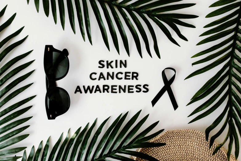 a hat, sunglasses and palm leaves with the words skin cancer awareness, a photo, trending on pexels, avatar image, background image, a bald, photoshoot for skincare brand
