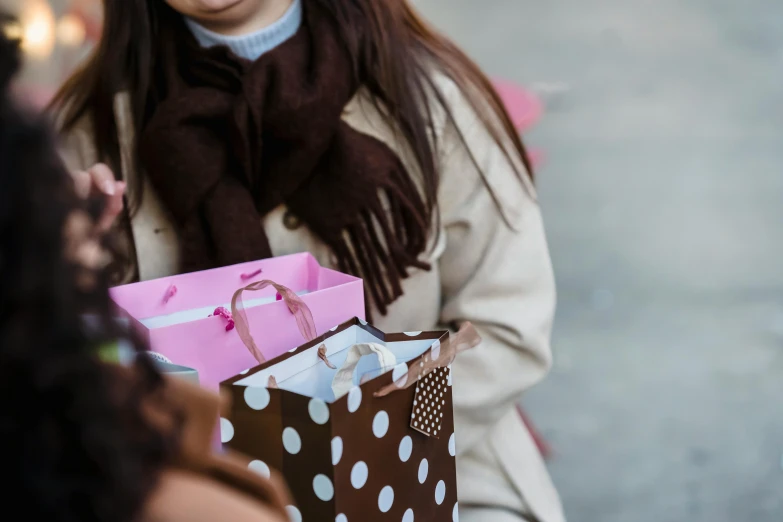 a woman holding a pink and brown gift bag, trending on pexels, visual art, woman holding another woman, black haired girl wearing hoodie, multiple stories, market