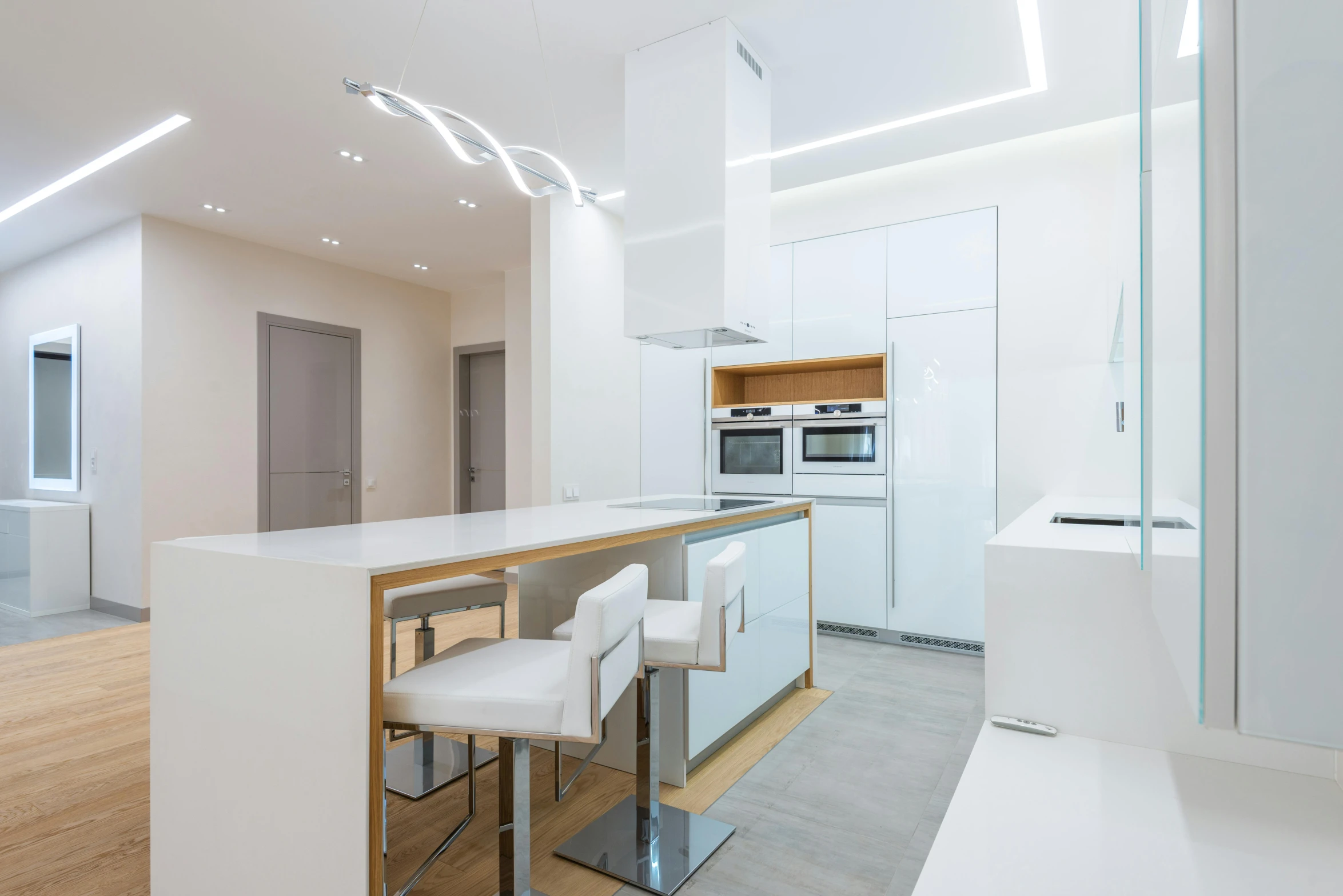 the kitchen is clean and ready for us to use, a 3D render, by Adam Marczyński, pexels contest winner, light and space, suspended ceiling, white warm illumination, inside a modern apartment, electricity archs