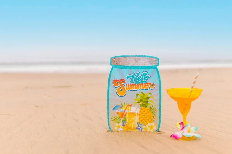 a drink sitting on top of a sandy beach, a digital rendering, by Jeka Kemp, shutterstock contest winner, graffiti, cardboard cutout, inside a glass jar, 🍸🍋, summer vibrancy