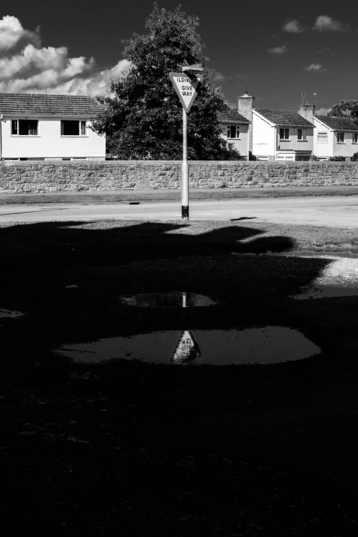 a street sign sitting on the side of a road, a black and white photo, by Lee Gatch, conceptual art, deep sinkhole, ( ( photograph ) ), suburbia, lampposts