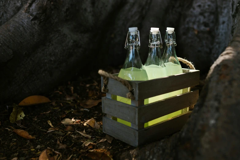 a wooden crate filled with three bottles of water, a hologram, inspired by Bruce Munro, unsplash, outdoor lighting, lemonade, light green, spooky lighting