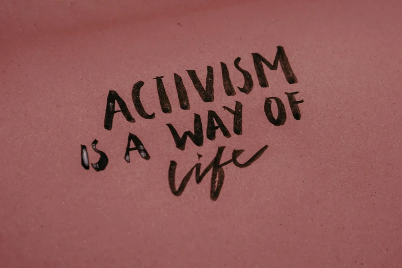 a pink plate with writing on it that says activism is a way of life, an album cover, pixabay, alessio albi, made of bronze, born this way, text on paper