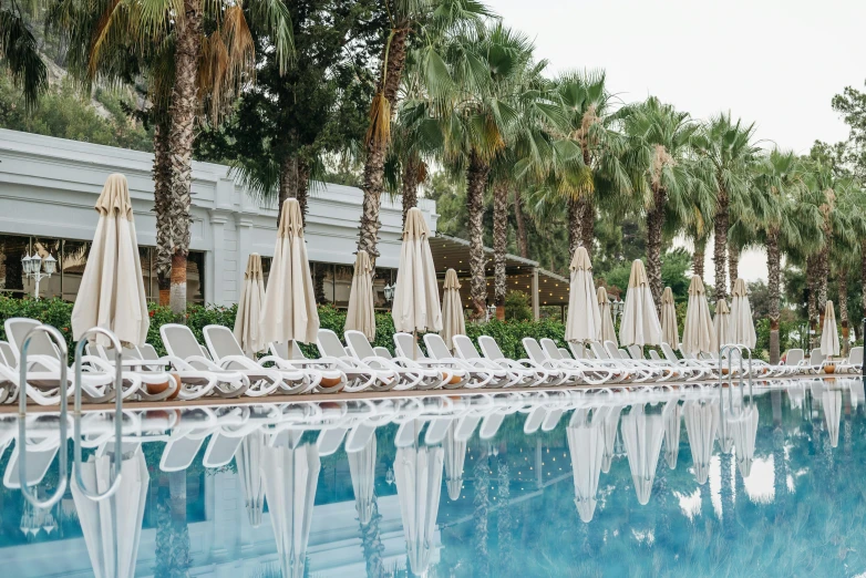 a row of lounge chairs sitting next to a swimming pool, by Carey Morris, pexels contest winner, date trees, istanbul, white and gold color scheme, umbrellas