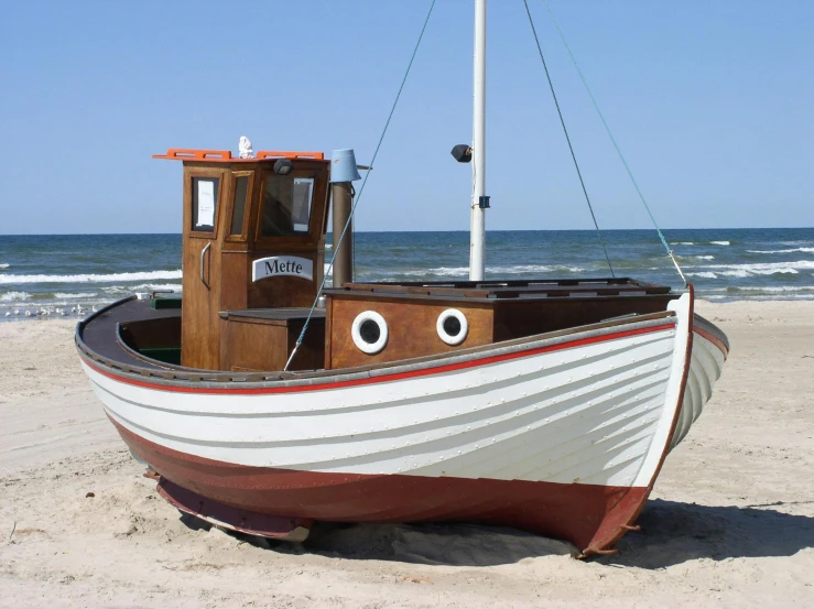 a boat sitting on top of a sandy beach, inspired by Tom Wänerstrand, trending on pixabay, mingei, dunkirk, bulky build, seen from outside, mark miner