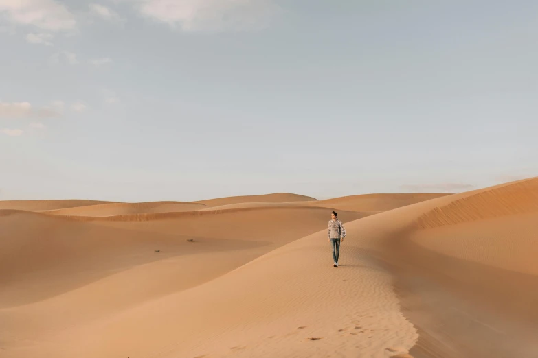 a person standing in the middle of a desert, walking towards the camera