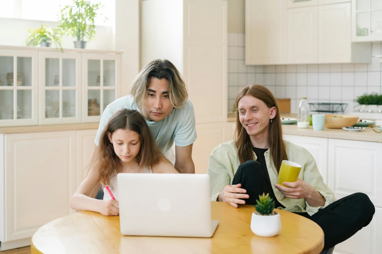 a couple of people sitting at a table with a laptop, parents watching, charli bowater and artgeem, msxotto, alana fletcher