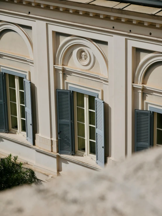 a close up of a building with blue shutters, inspired by Albert Dorne, neoclassicism, photograph from above, large window, mediterranean, architectural model