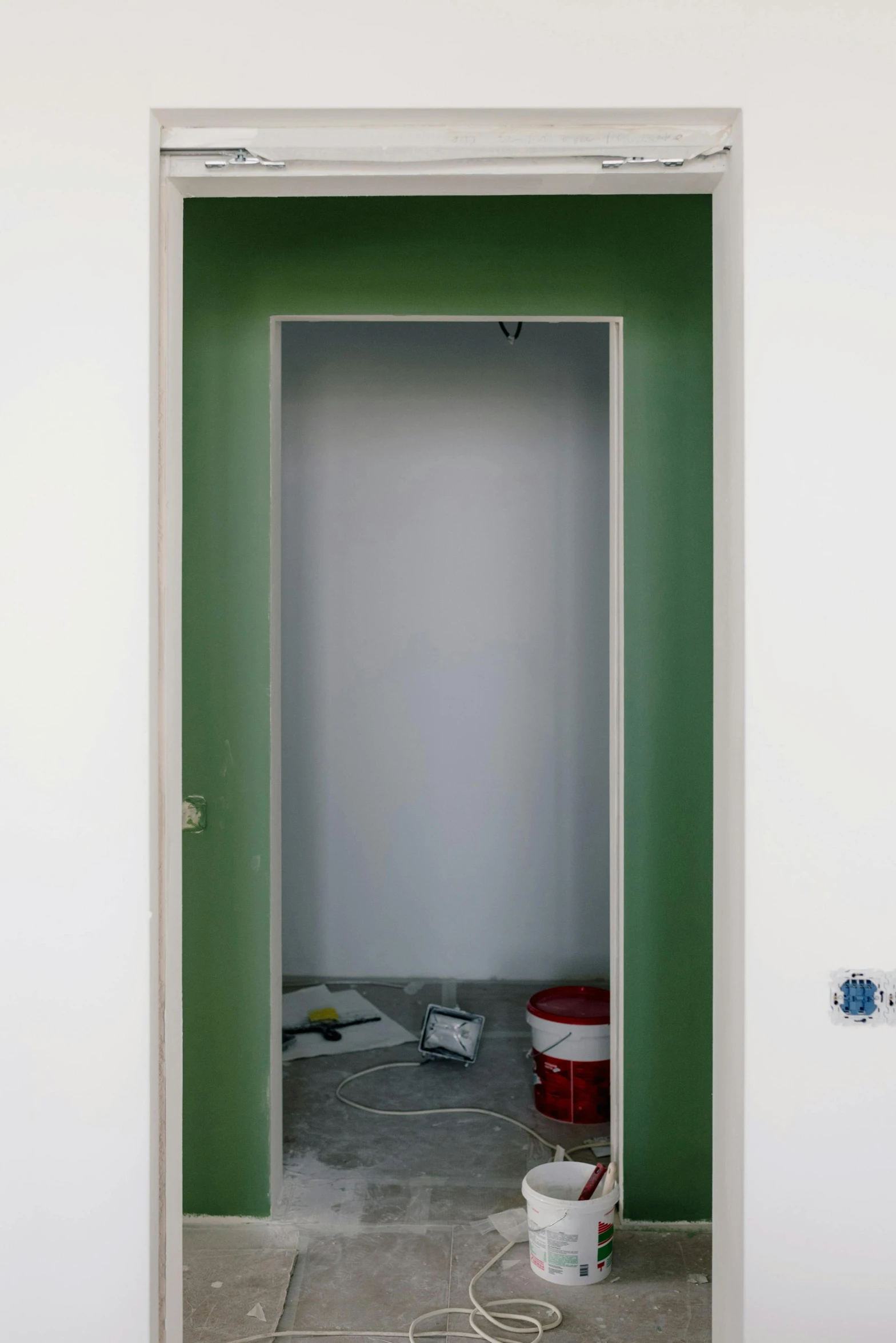 a room with green walls and a white door, by Ben Zoeller, conceptual art, under construction, hegre, colored, ap news photograph