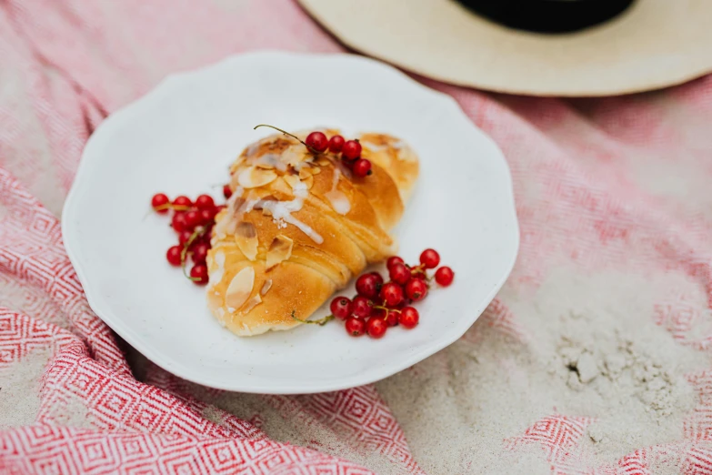 a white plate topped with cranberries next to a cup of coffee, by Julia Pishtar, romanticism, seashell, having a picnic, pastry lizard, nordic summer