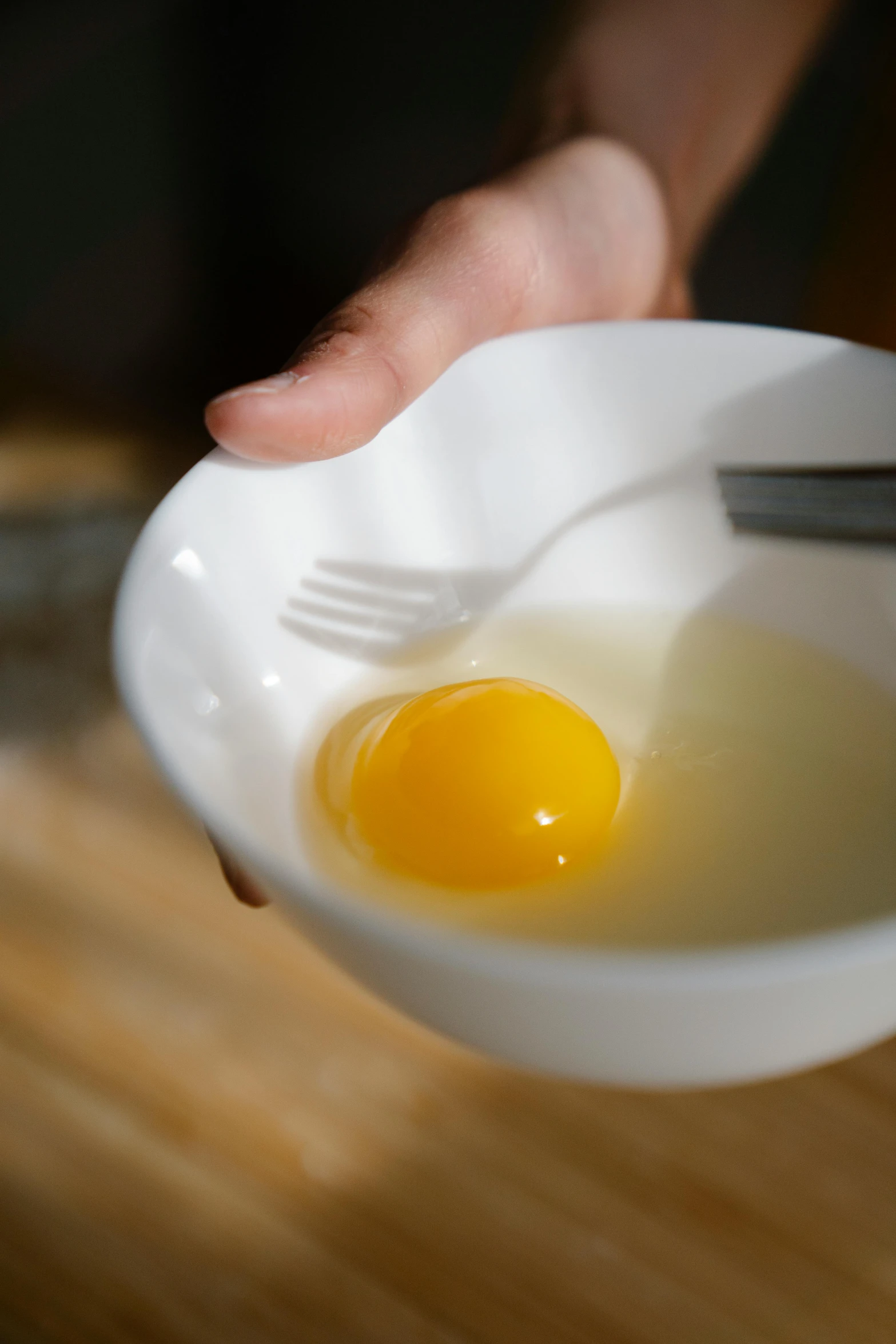 a person holding a white bowl with an egg in it, crisp face, in detail, cooked, ignant