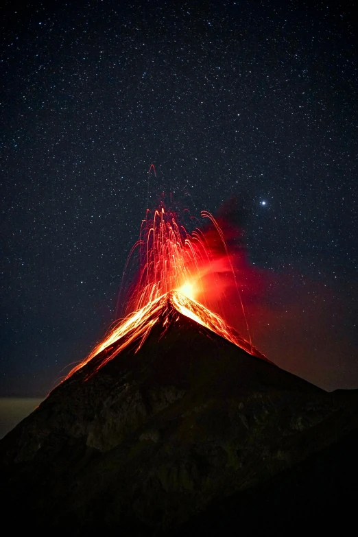 a volcano spewing lava into the night sky, by Daren Bader, pyramid, high-quality photo, ap art, full frame image