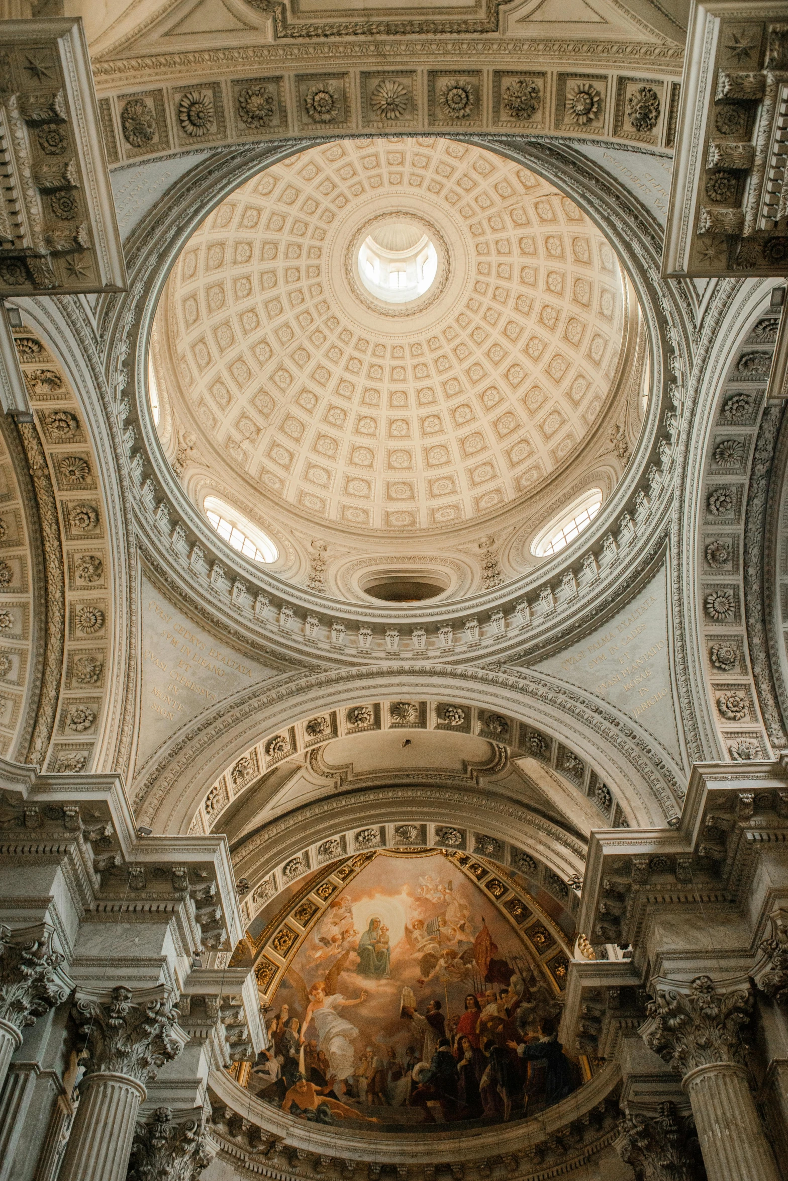 the ceiling of a building with a dome above it, by Christopher Wren, neoclassicism, massive arch, grey, interior photograph, pastel