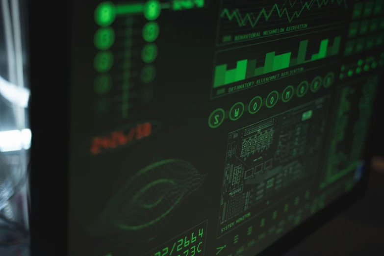a computer monitor sitting on top of a desk, a computer rendering, by Adam Marczyński, unsplash, analytical art, green matrix code, ship control panel close-up, graph signals, mining