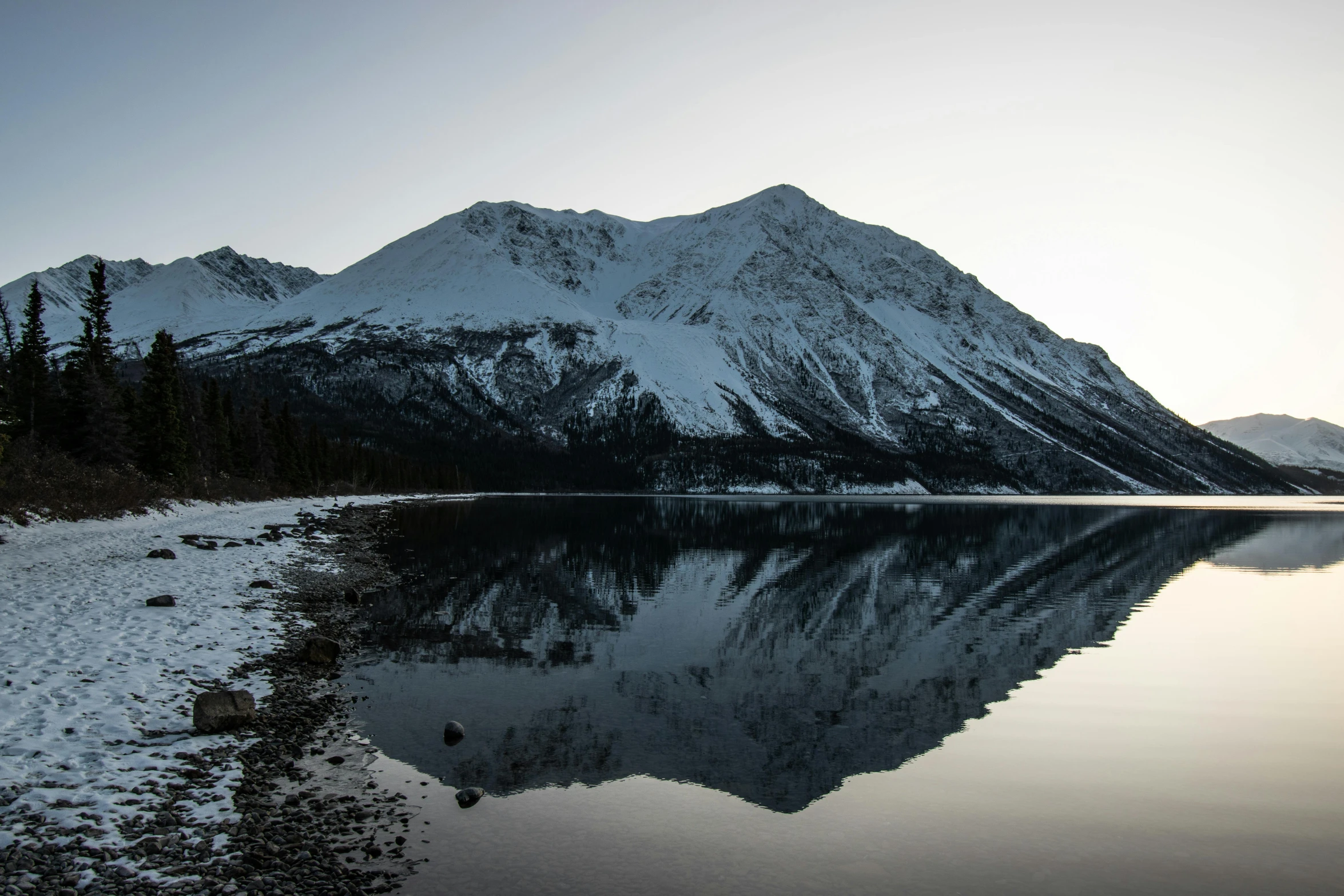 a body of water surrounded by snow covered mountains, water mirrored water, fan favorite, shot with sony alpha 1 camera, ultrawide image