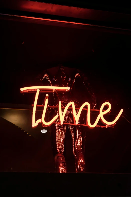a neon sign with the word time on it, an album cover, trending on unsplash, medieval time, ilustration, high quality photo, tall