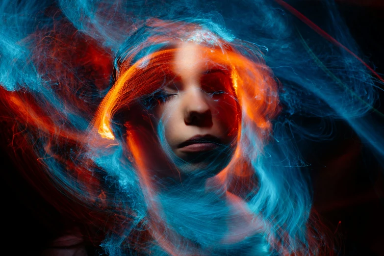 a woman with red hair and blue smoke, digital art, by Adam Marczyński, pexels contest winner, orange halo around her head, currents, colorful projections, unsplash photo contest winner