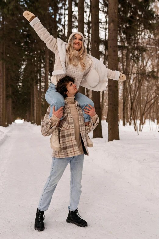 a man carrying a woman on his back in the snow, trending on pexels, 🎀 🍓 🧚, full body full height, off - white collection, cottagecore hippie