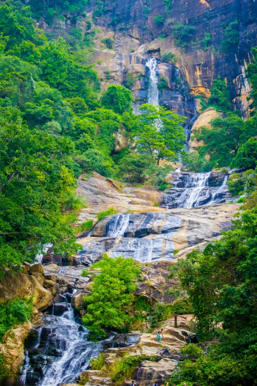 a waterfall in the middle of a lush green forest, sri lankan landscape, detailed trees and cliffs, colourful