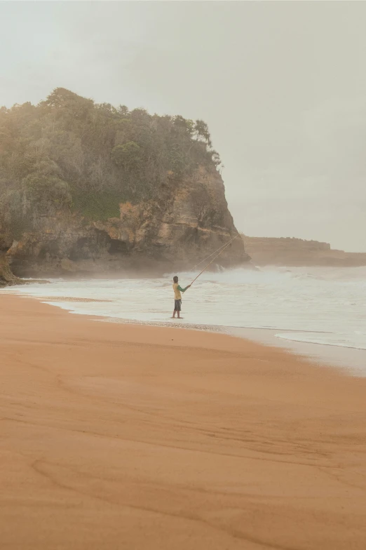 a man standing on top of a sandy beach next to the ocean, trees and cliffs, man holding spear, red sand beach, surf