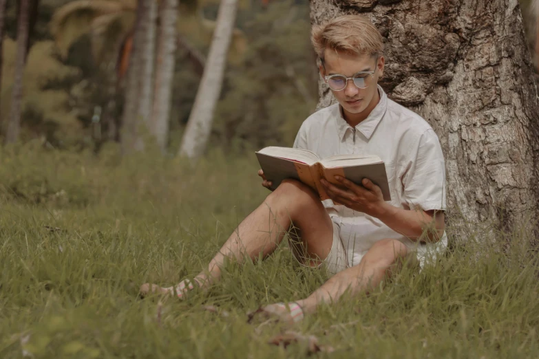 a man sitting under a tree reading a book, a portrait, pexels contest winner, blonde guy, nerds, slightly tanned, avatar image