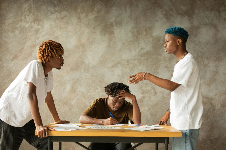 a couple of people that are sitting at a table, trending on pexels, academic art, his friends are angry, black teenage boy, transforming, realistic »