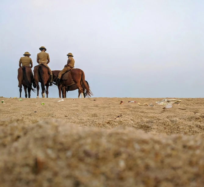 a couple of men riding on the backs of horses, by Romain brook, unsplash, australian tonalism, military police, standing near the beach, india, plain uniform sky at the back