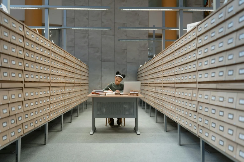 a man sitting at a desk working on a laptop, an album cover, by Fei Danxu, conceptual art, infinite library, ignant, museum archive photo, mineral collections