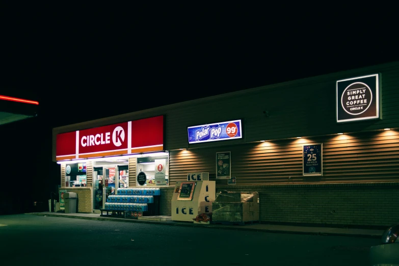 a gas station is lit up at night, a portrait, pexels contest winner, everything enclosed in a circle, circlet, 2000s photo, exiting store